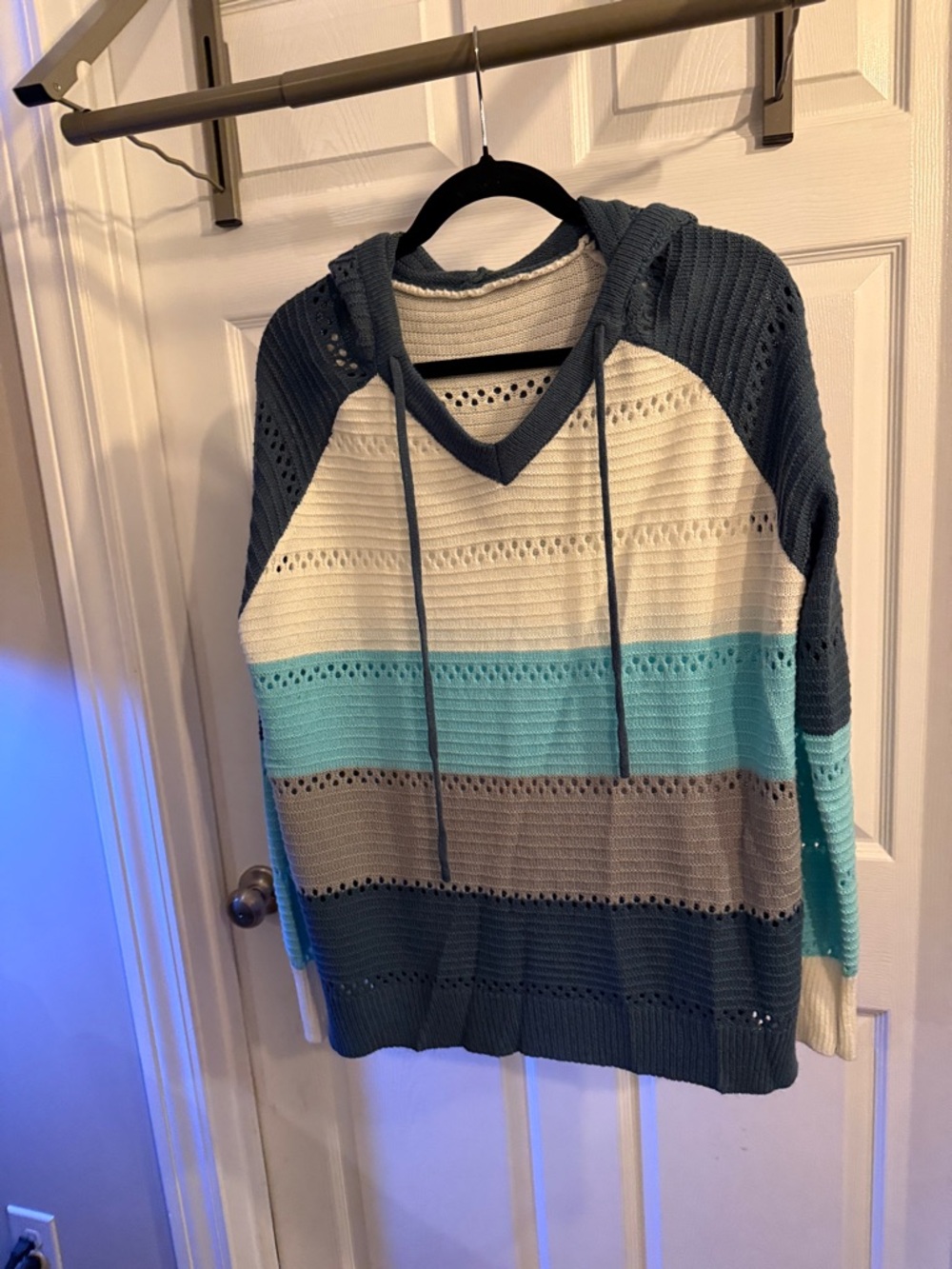 Striped Knit Hoodie Sweater in Teal, Cream, Gray